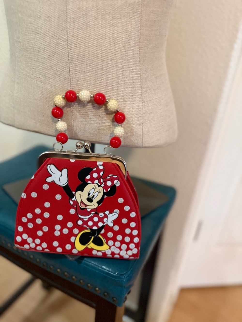 Minnie Mouse Red Polka Dot Beaded Handle Purse with kisslock closure